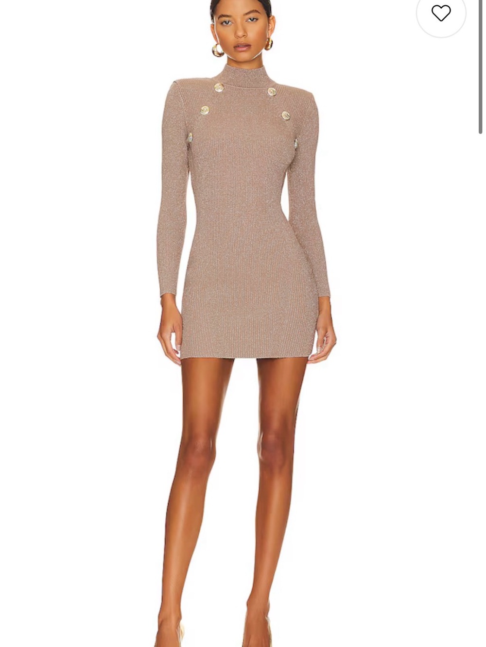 Retrofete Beige Metallic Ribbed Mock-Neck Mini Dress with Gold Buttons - Picture 2 of 4